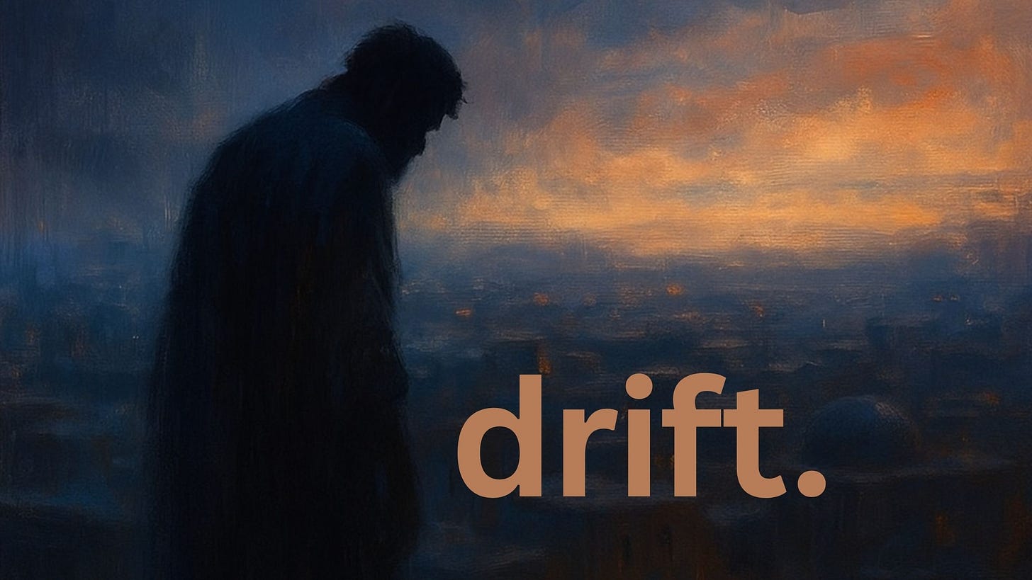 A shadowed man in a robe stands alone on a rooftop at twilight, overlooking a dimly lit ancient city as the sun sets in the distance.