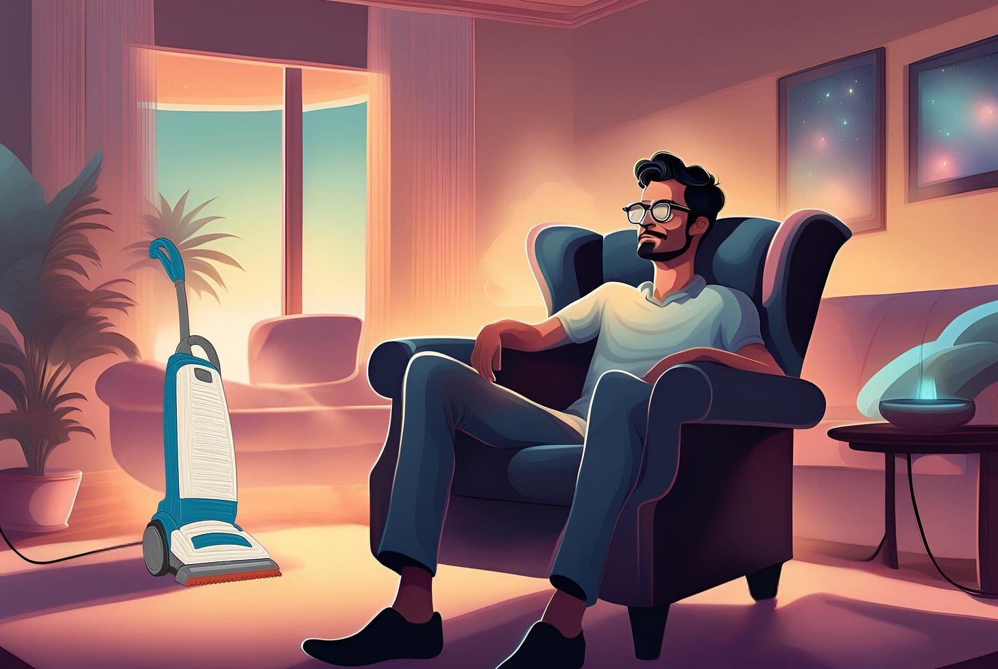 Illustration of a man sitting in a recliner in a living room looking at a vacuum cleaner on the other side of the room