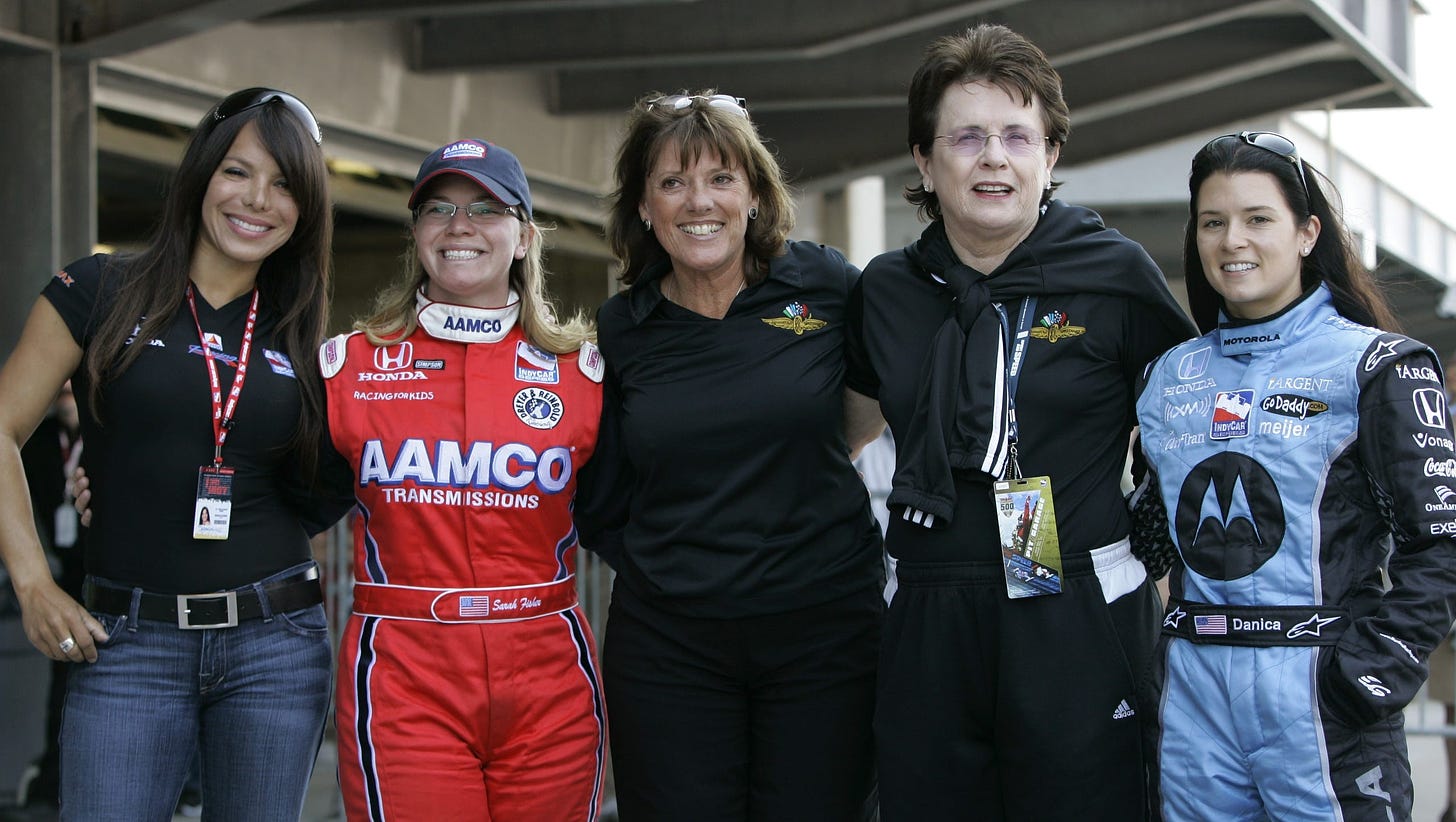 Milka Duno of Venezuela (from left), Sarah Fisher, Lyn St. James, tennis great Billy Jean King and Danica Patrick pose before qualifications May 12, 2007, at the Indianapolis Motor Speedway in Indianapolis.