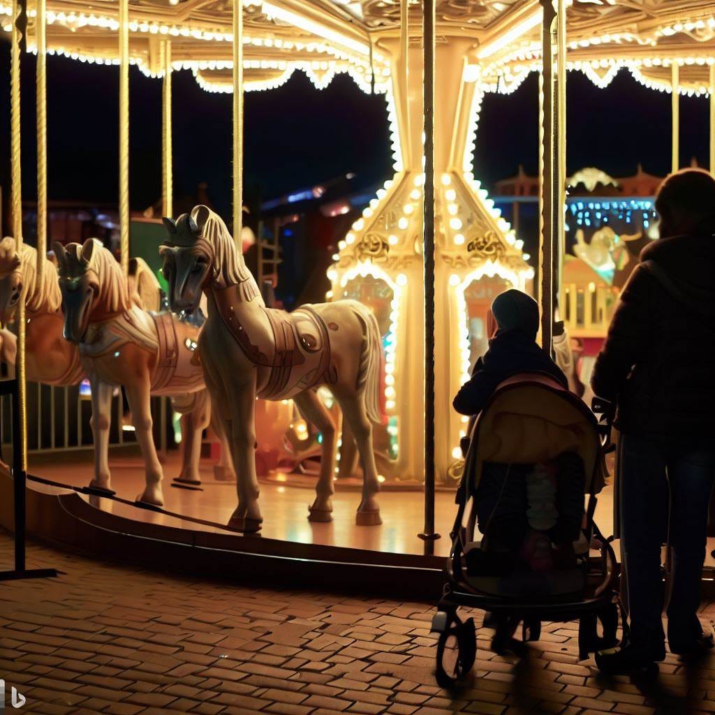 a carousel with horses without children on it, illuminated, at night with a family with a stroller watching