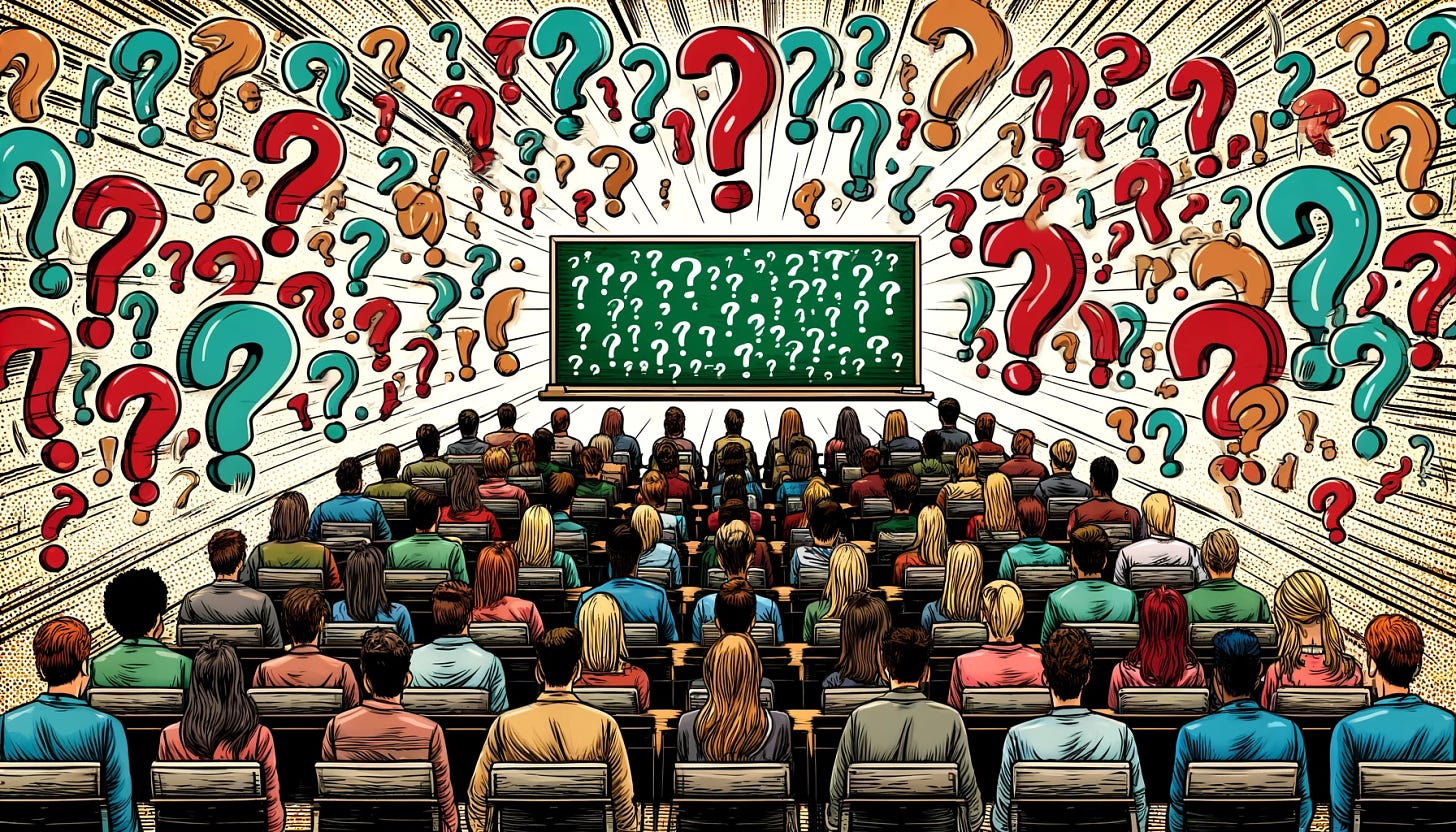 A comic panel of students sitting in a college classroom looking at a chalkboard.  The chalkboard and all along the walls and such are lots and lots of question marks and exclamation points.  