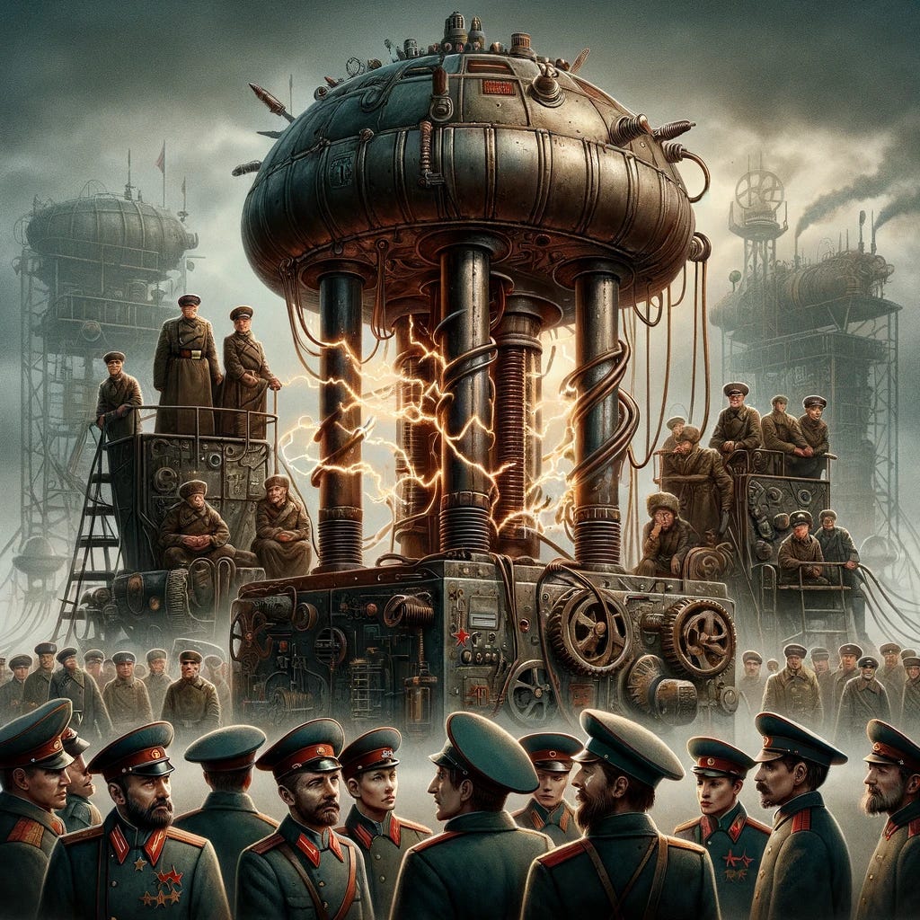 A World War II-era dieselpunk illustration featuring a Soviet Tesla Coil surrounded by Soviet conscripts. The Tesla Coil, large and imposing, blends historical Soviet military aesthetics with futuristic dieselpunk elements, featuring rugged gears, pipes, and electrical components, and is emitting crackling electricity. Around it, a group of Soviet conscripts in period-appropriate uniforms are positioned, looking in awe at the Tesla Coil. They are of diverse ethnicities, reflecting the variety of the Soviet Union. The background shows a war-torn landscape with muted colors and hints of other military machinery in the foggy distance. The atmosphere is tense and dramatic, showcasing the power and innovation of the Tesla Coil amidst the conscripts.