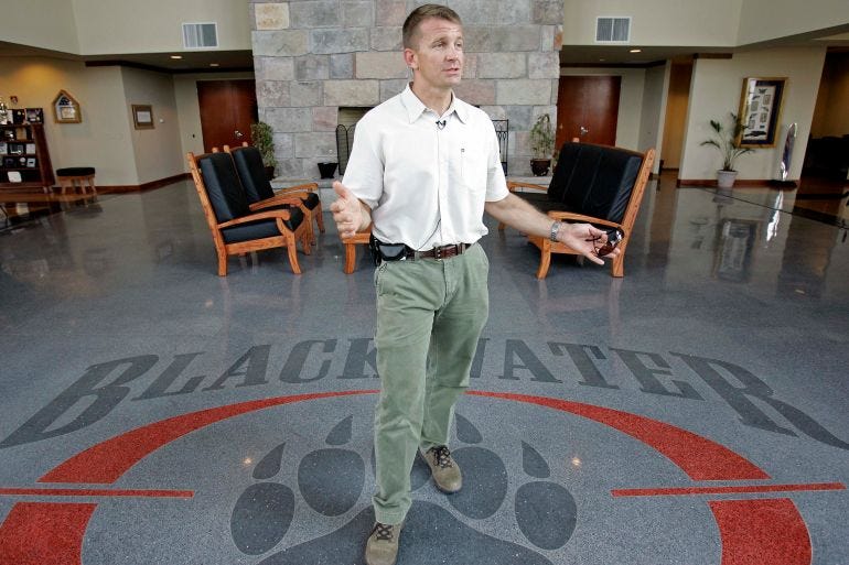 FILE - In a July, 21, 2008 file photo, founder and CEO of Blackwater Worldwide Erik Prince is seen at Blackwater's offices in Moyock, N.C. Holland, Mich. native Erik Prince will be talking about his west Michigan roots at a Tulip Time Festival luncheon on Wednesday May 5, 2010. Prince is the son of the late Edgar Prince, a leading auto supplier in Holland, Mich. and brother to former Michigan Republican Party Chairwoman Betsy DeVos. (AP Photo/Gerry Broome, File)