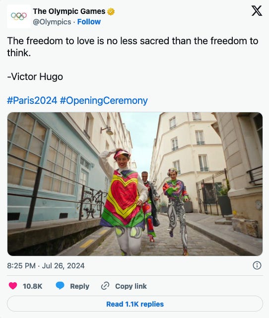 Un tweet dall’account The Olympics Games con la foto di tre persone vestite in modo molto colorato che corrono in una stradina di Parigi. Sopra, una citazione di Victor Hugo: “The freedom to love is no less sacred than the freedom to think."