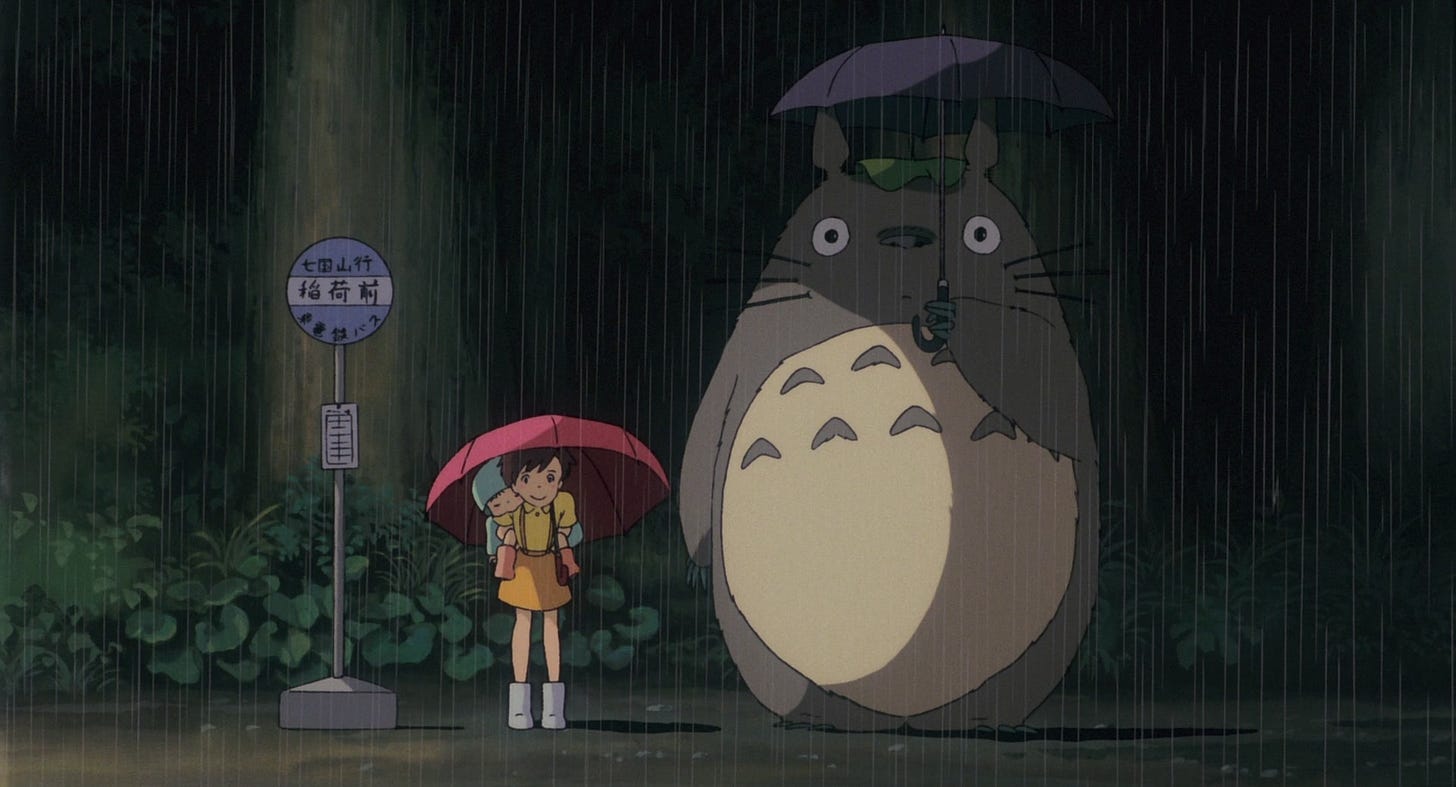 A cartoon character standing in the rain with a large fat animal

Description automatically generated