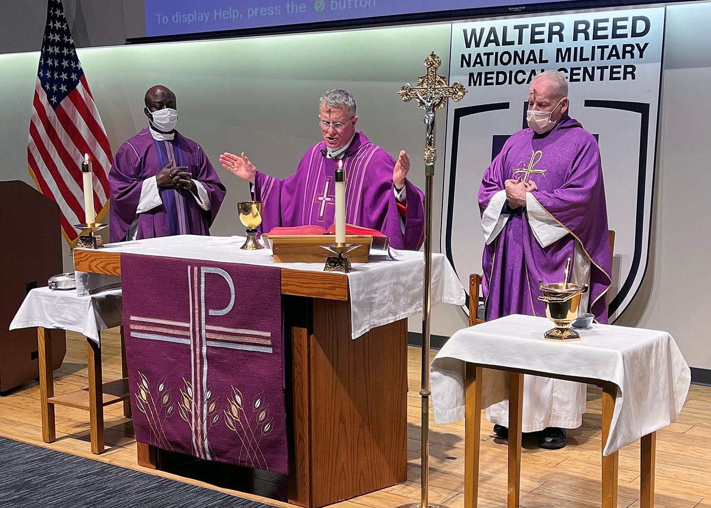 Archbishop Timothy P. Broglio of the U.S. Archdiocese of the Military Services celebrates Ash Wednesday Mass at Walter Reed National Military Medical Center in Bethesda, Md., March 2, 2022. Walter Reed hospital terminated March 31, 2023, a contract with Franciscan priests and brothers to provide pastoral care to Catholics, in advance of Holy Week. (OSV News photo/courtesy U.S. Archdiocese of the Military Services)