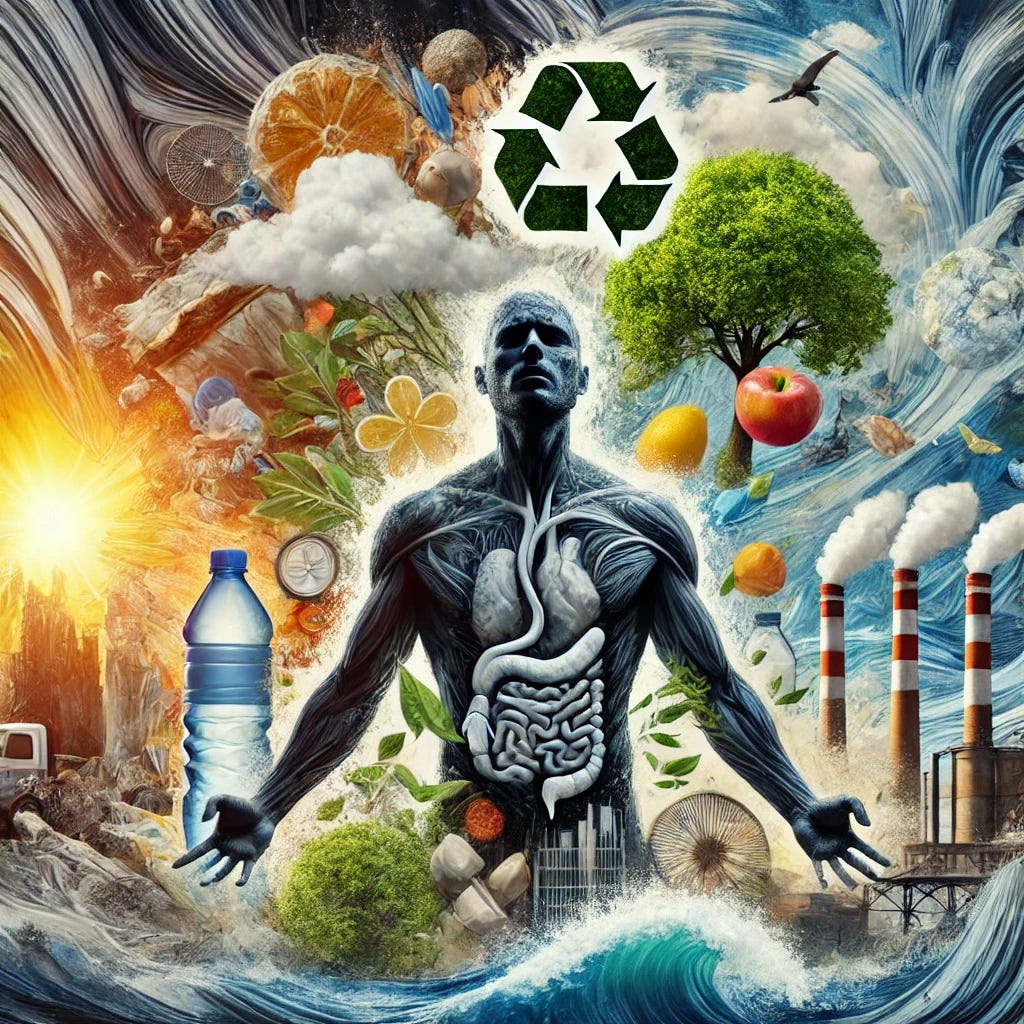 A visually striking image illustrating environmental factors that harm the male body, featuring symbolic elements like polluted air, industrial waste, plastic bottles, processed foods, and stress-related visuals. The image shows a strong male figure surrounded by these threats, with a mix of natural elements (like trees and clean water) breaking through as a symbol of hope and resilience. The setting is a surreal, semi-abstract environment that highlights health challenges and the fight against them. No text is included.