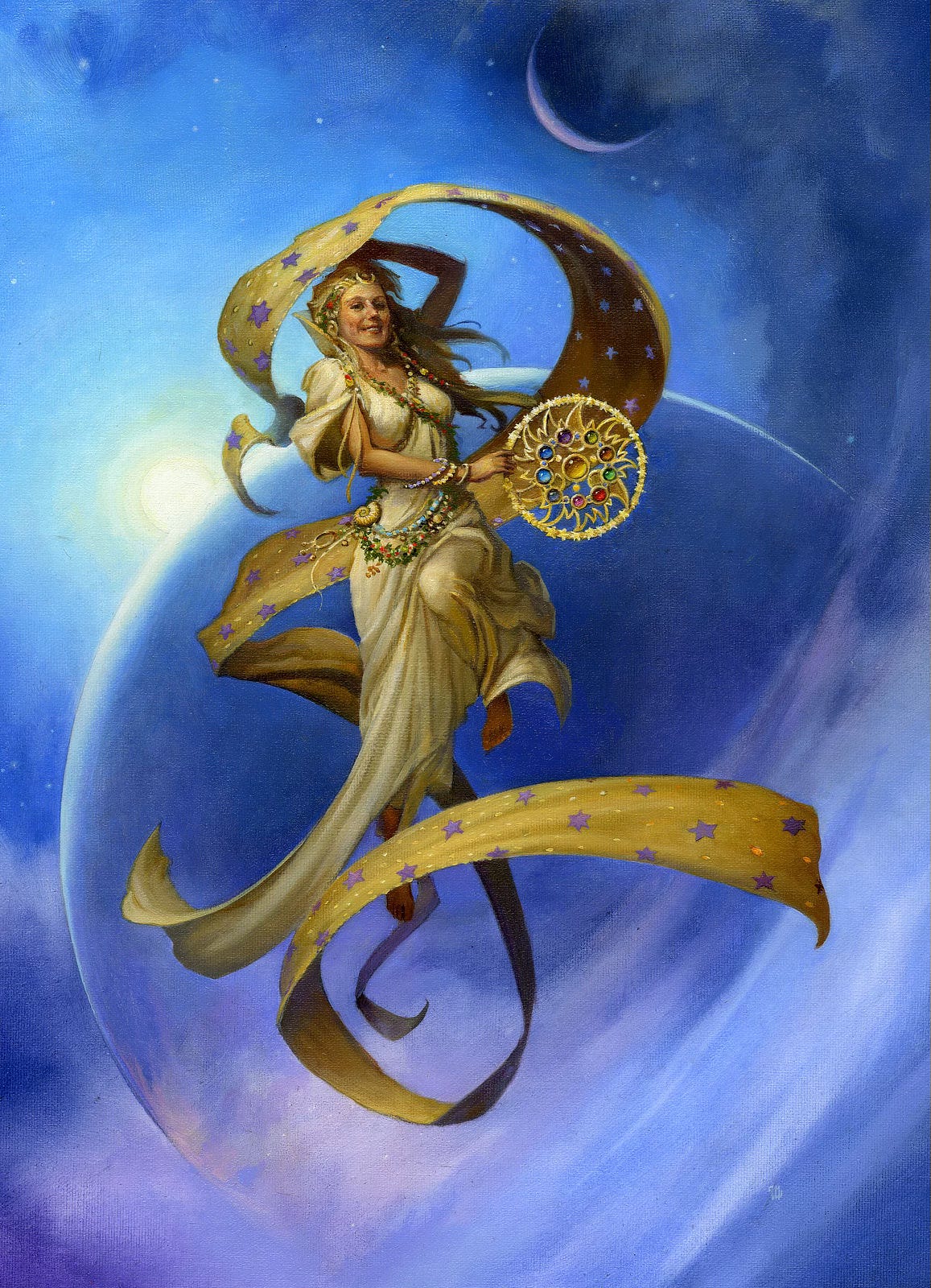 The sun rises beyond a blue planet as a dimpled, smiling celestial figure (as modeled by daughter Alexa) leaps with one knee up and a ribbon of gold cloth decorated with purple stars twists around her. She’s holding a ring that looks like a dream catcher that holds many-colored smooth, round gems. The pattern bound in the ring resembles the flaring symbol of the sun. Clouds sweep up in front of the planet in the lower right. A moon hangs above it at the top of the panel.