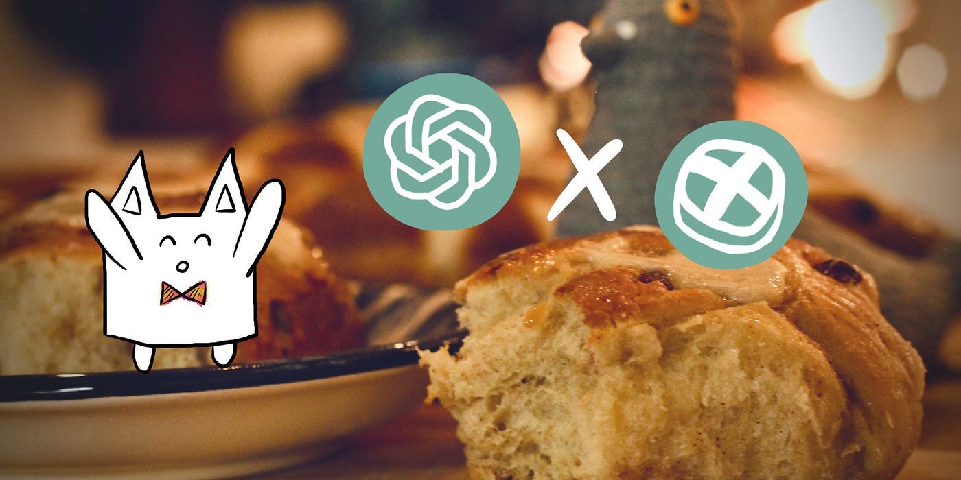 Drawn illustration of a cat jumping for joy in front of a photo of hot cross buns with two logos floating in the foreground — OpenAI and a Hot Cross bun logo