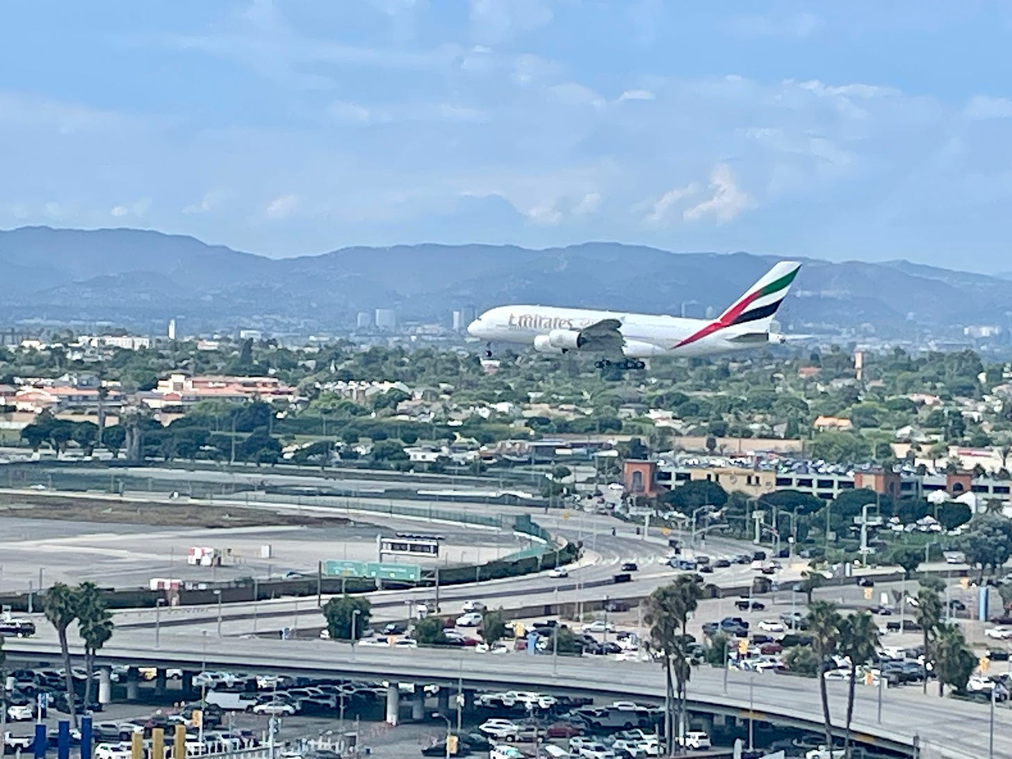 An Emirates A380 viewed from the roof of the H Hotel at LAX during Dorkfest.