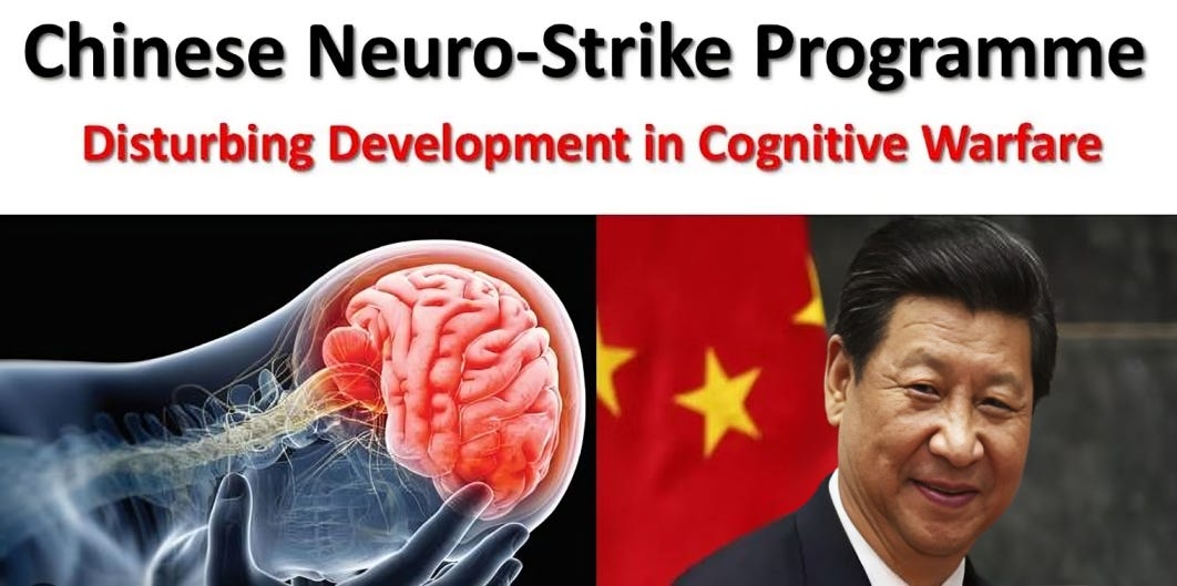 Composite image featuring Xi Jinping with a smug expression on the right and an X-ray style image of a stressed, depressed individual with their head in their hands on the left, symbolizing the impact of neuro-cognitive warfare.