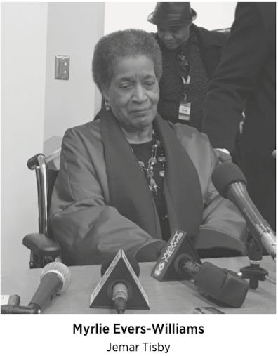 Photo of Myrlie Evers-Willliams at a press conference