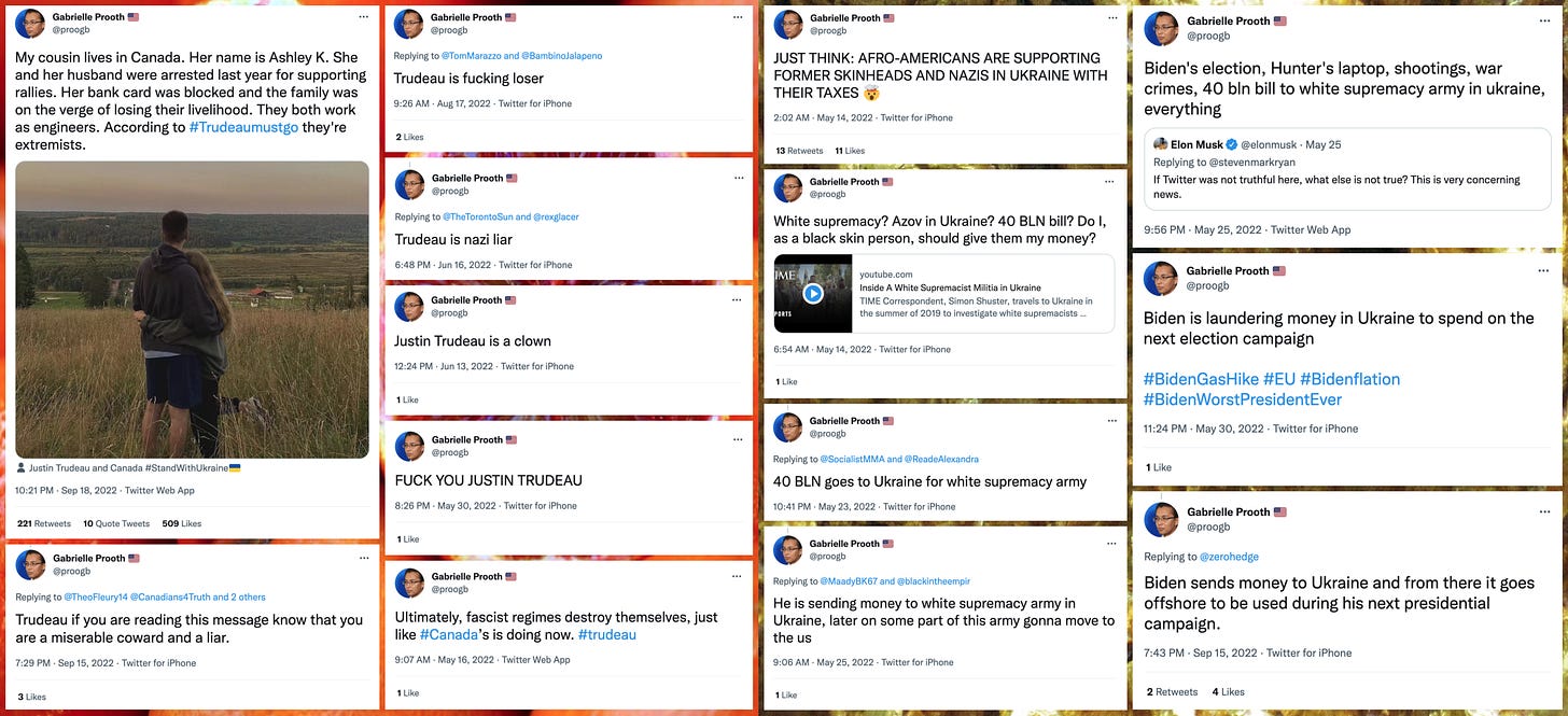 collage of @proogb tweets insulting Justin Trudeau and @proogb tweets accusing Joe Biden funding a "white supremacy army" in Ukraine and laundering money for his next campaign there
