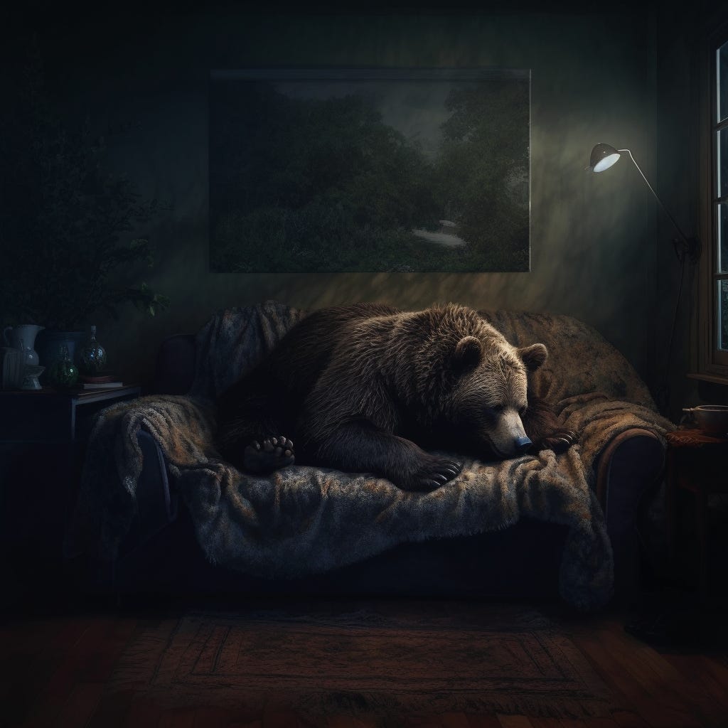 illustration of a bear sitting on a couch in a darkened living room