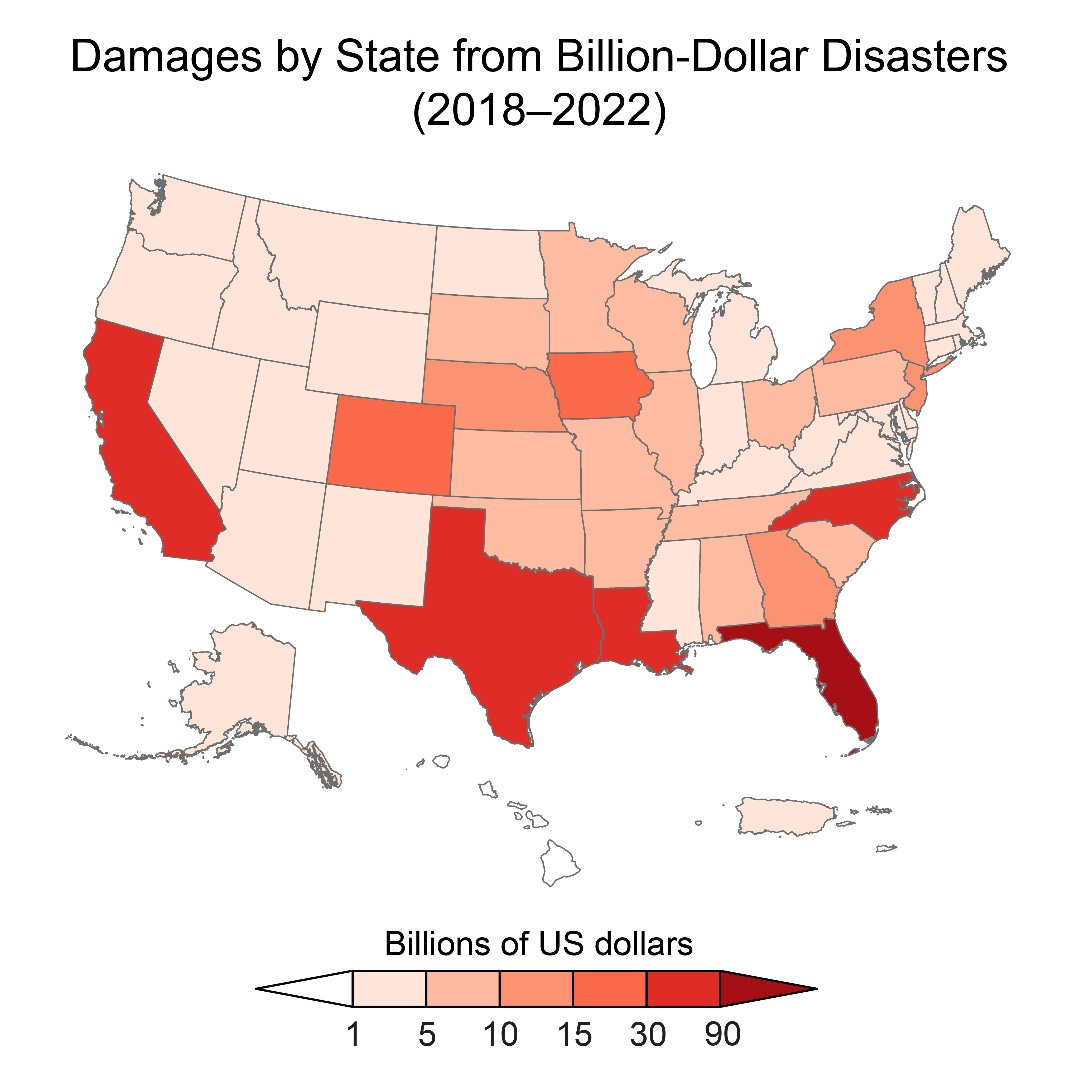 map of US shows damages especially high in California, Texas and Florida