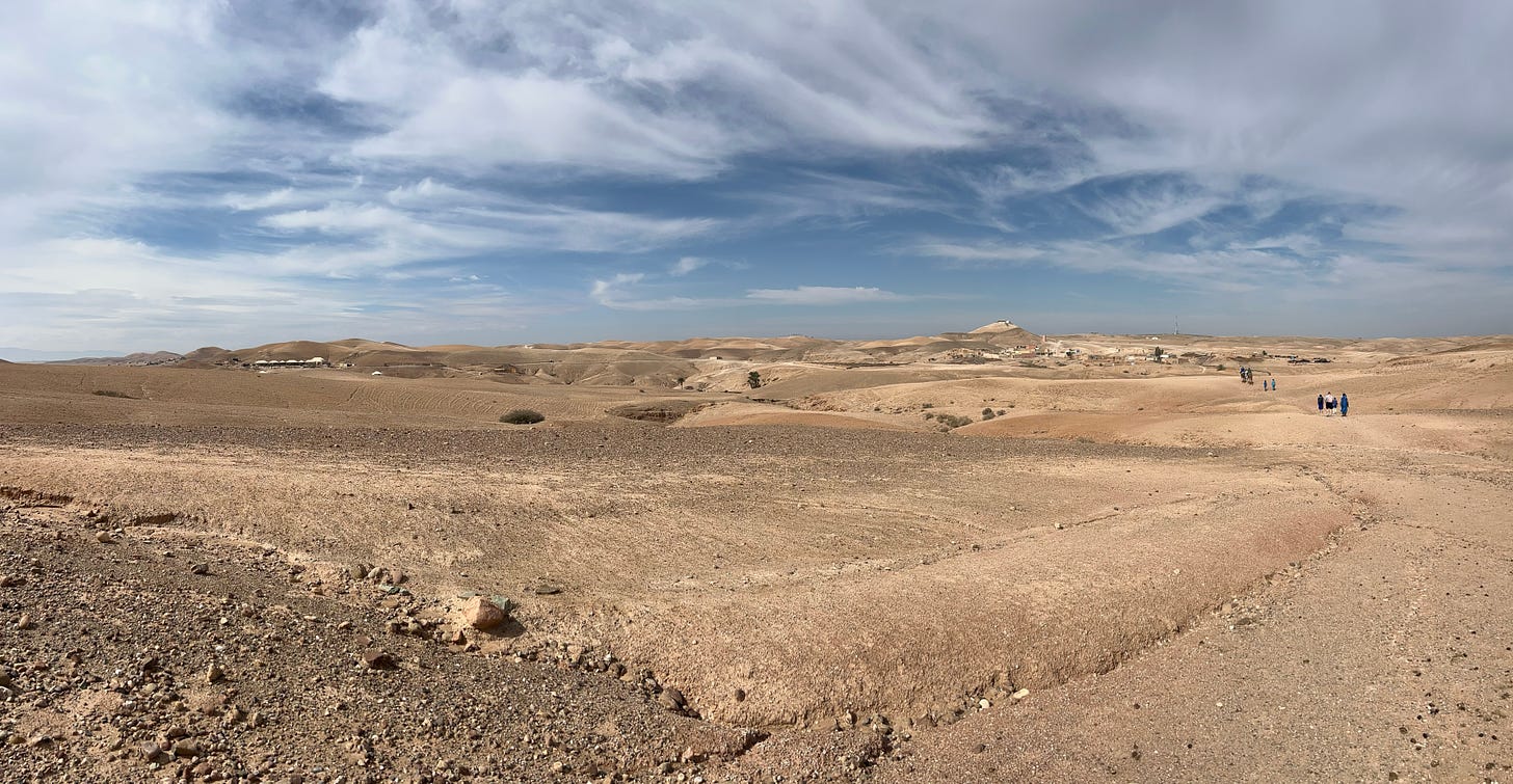 A panoramic view of the Agafay Desert
