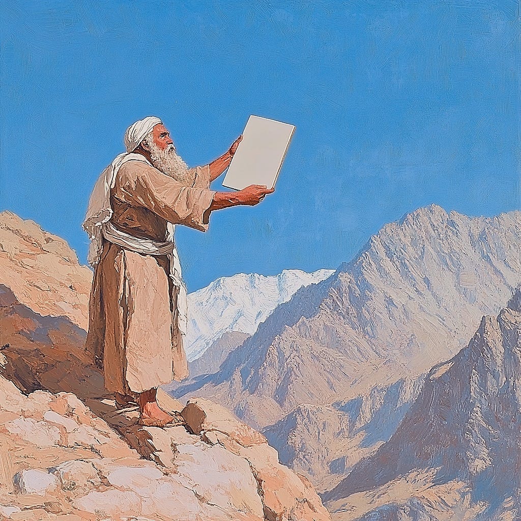 Image of Moses on Mount Sinai holding out blank tablet