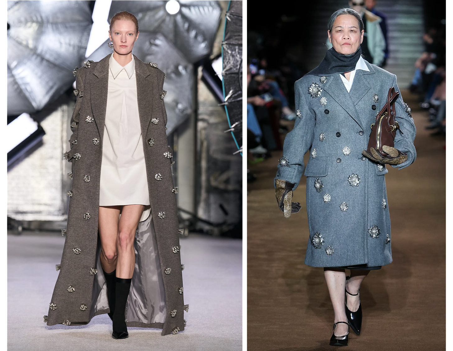 Two models wearing grey coats embellished with sparkling silver brooches. The first by Brandon Maxwell, the second by Miu Miu.