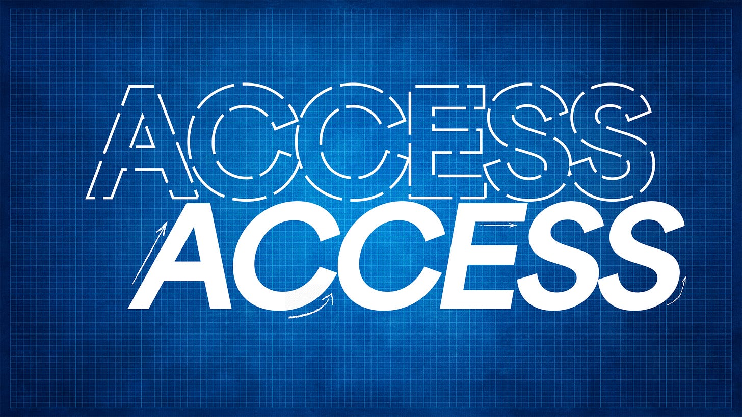 Against a blue background with faint gridlines that look like the canvas for a technical drawing, ACCESS / ACCESS. One ACCESS is a dotted outline, the other is in large all-caps, solid white text with arrows flanking some of the letters suggesting future edits or movement.