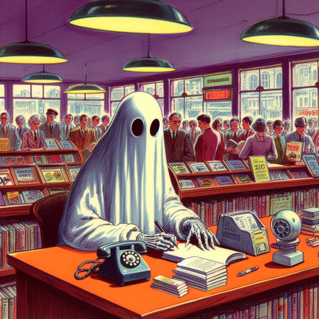 ghost sitting at a table, signing books, in a bookstore, 60s sci-fi drawing