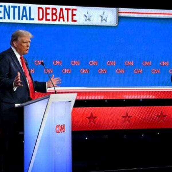 U.S. President Joe Biden and former U.S. President and Republican presidential candidate Donald Trump participate in the first presidential debate of the 2024 elections at CNN's studios in Atlanta, Georgia, on June 27, 2024.