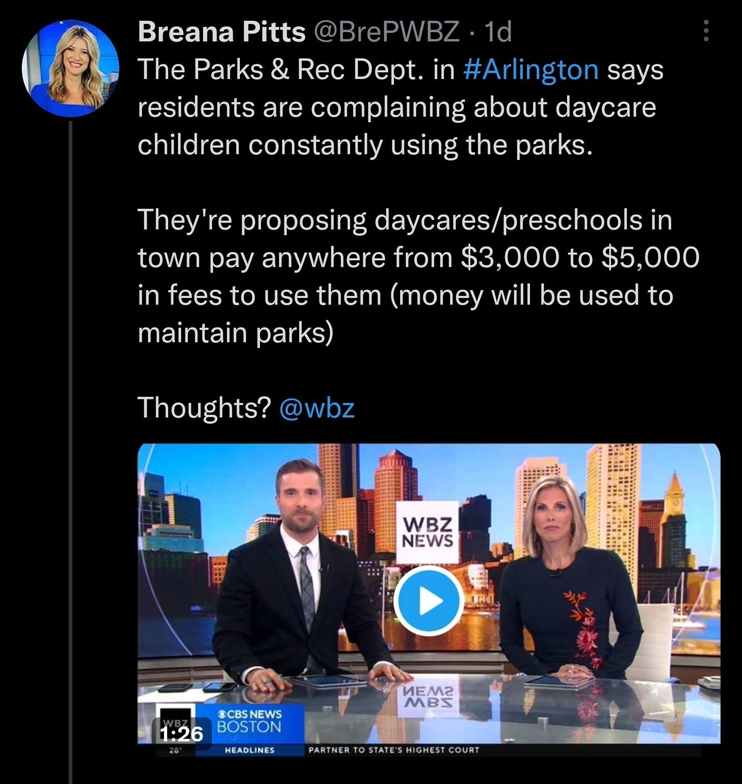 The Parks and Rec Department in Arlington says residents are complaining that daycare children are constantly using the parks. They're proposing daycares/preschools in town pay anywhere from $3000 to $5000 in fees to use them (money will be used to maintain parks). Thoughts? @wbz