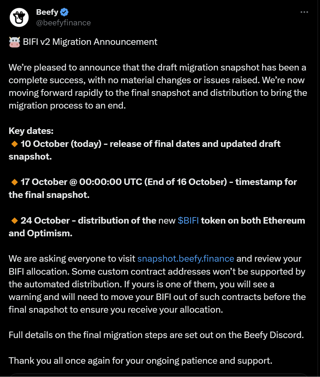 Will Support the BIFI Contract Migration