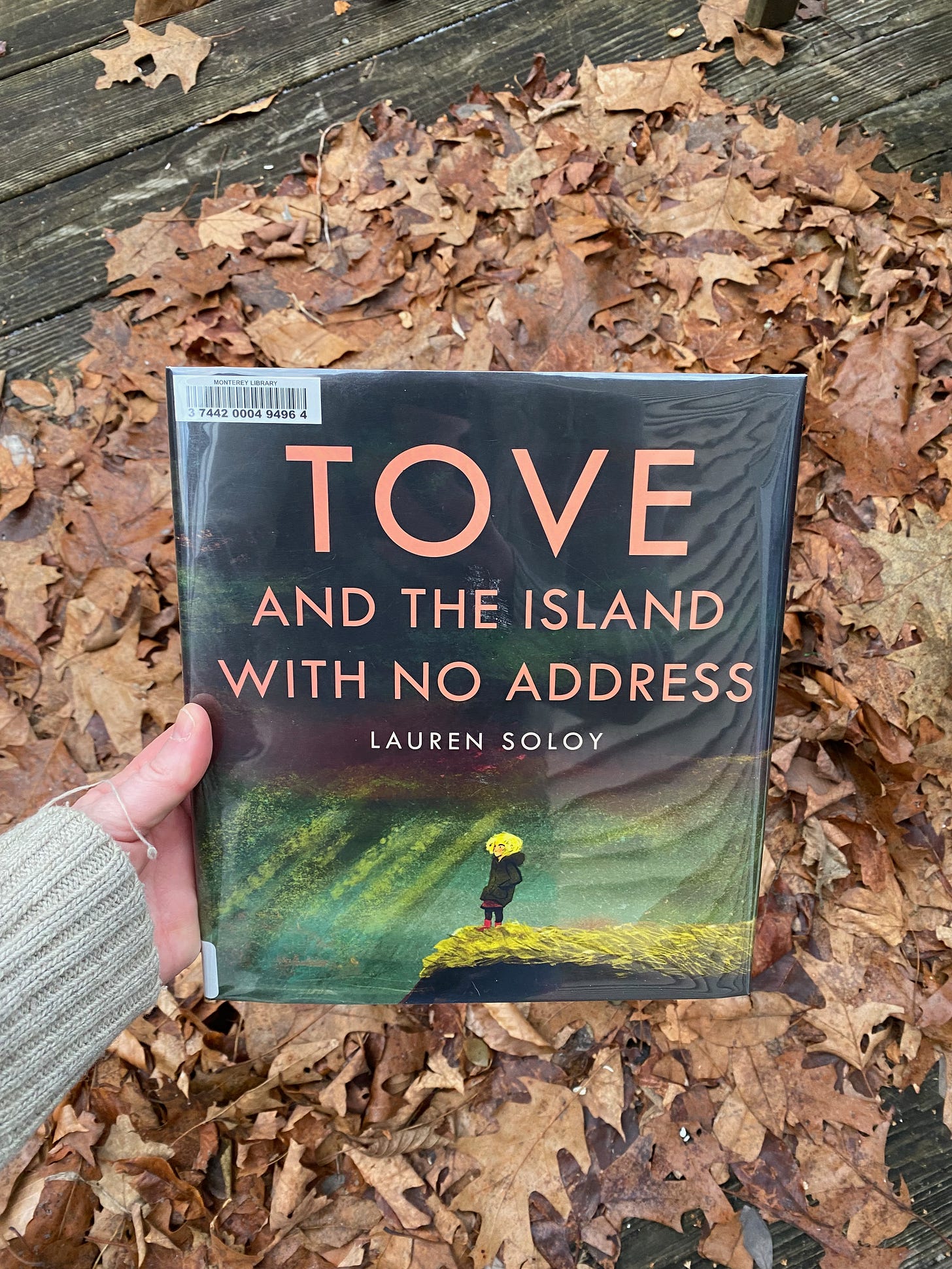 I’m holding Tove and the Island with No Address in front of a pile of leaves on my porch.