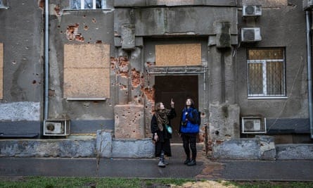 Damage from a Russian shell at Slovo House in Kharkiv, Ukraine, April 2023