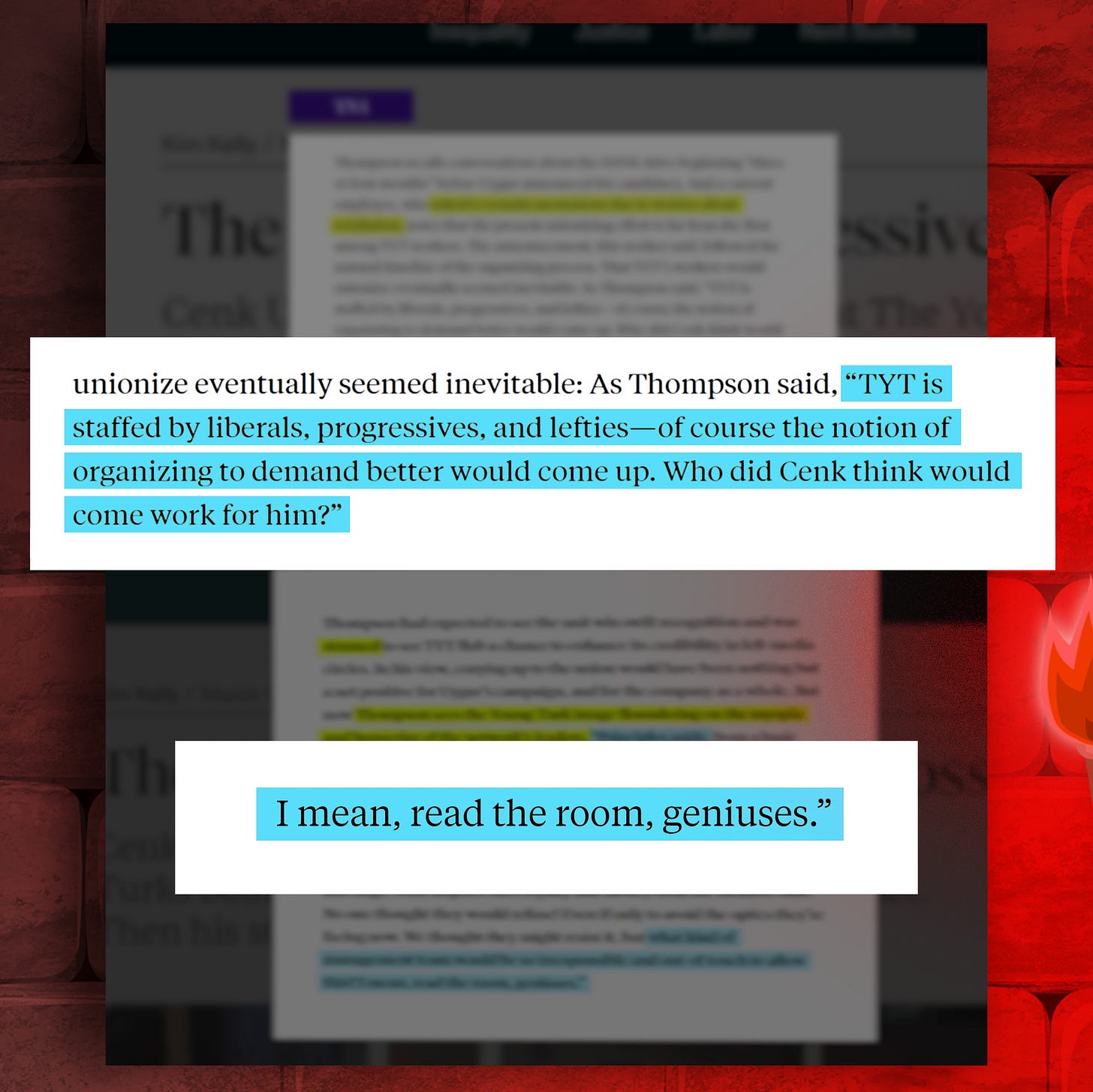 Snippets from "The Myth of the Progressive Boss" in the New Republic with text highlighted in blue "TYT is staffed by liberals, progressives, and lefties—of course the notion of organizing to demand better would come up. Who did Cenk think would come work for him?" and another highlight: "I mean, read the room, geniuses."