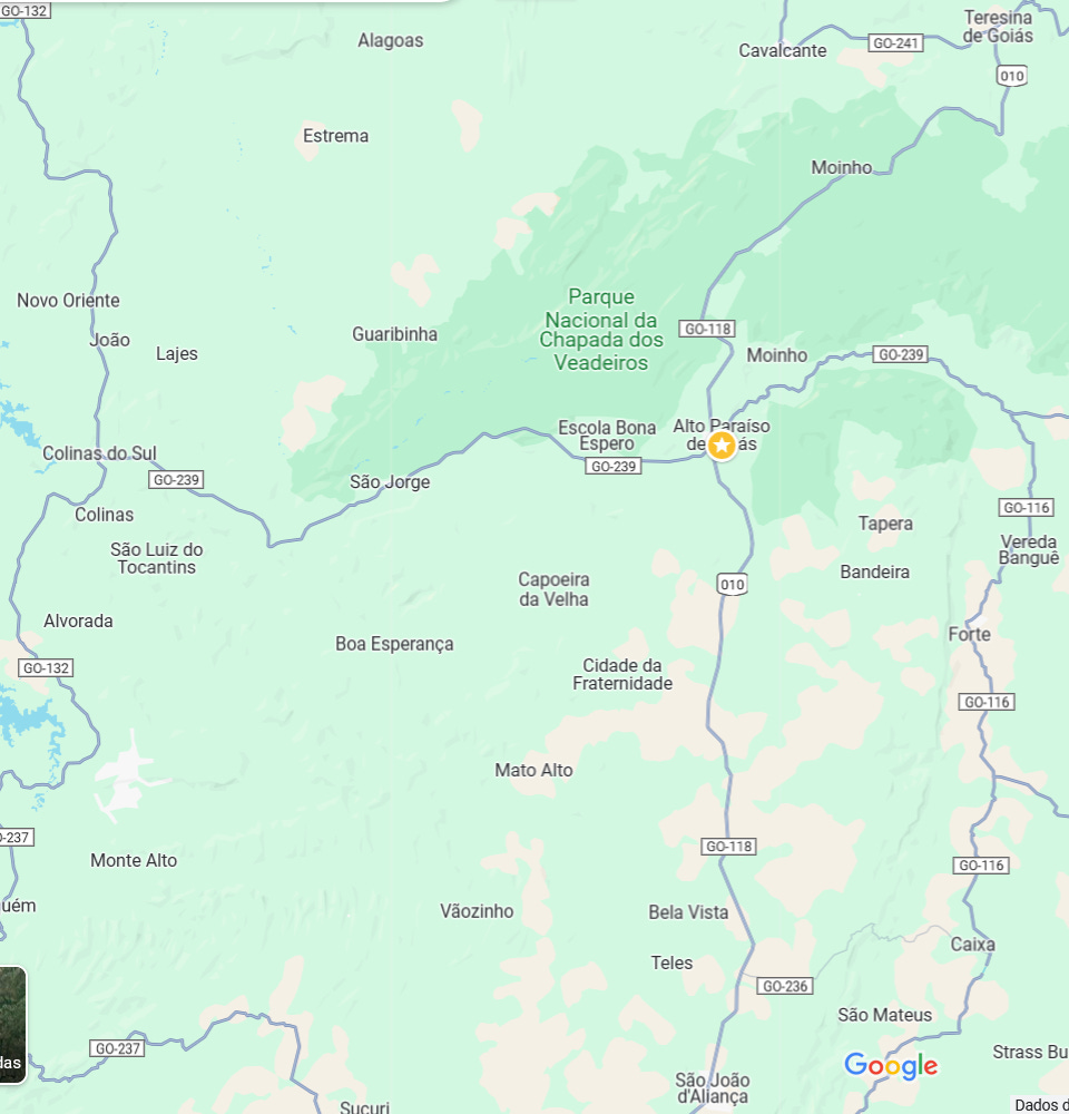 Print do Google Maps mostrando o Parque Nacional da Chapada dos Veadeiros, entre Alto Paraíso de Goiás, Cavalcante e Colinas do Sul. Também dá pra ver São Jorge e São João d'Aliança no mapa.