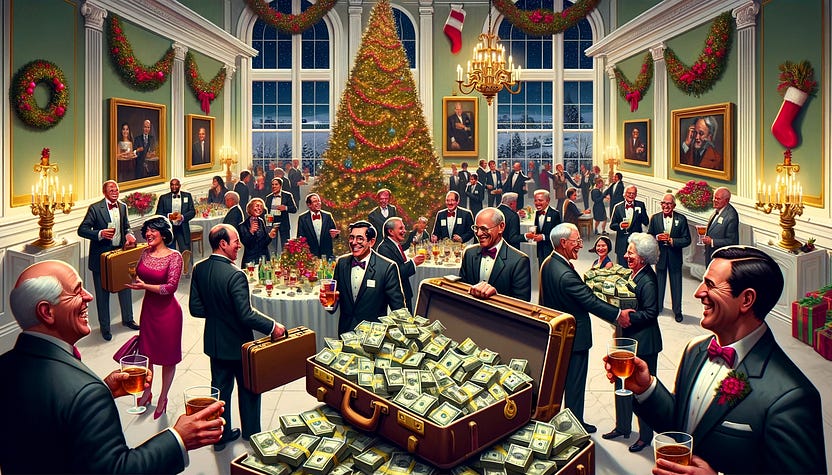 Many lobbyists in a ballroom with a Christmas tree giving cash presents