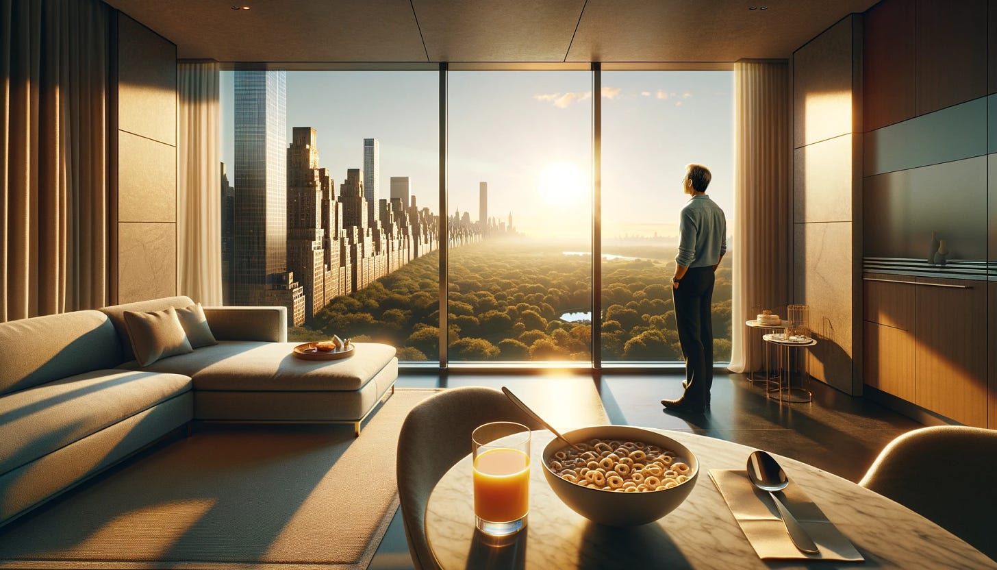 A modern, luxurious interior with floor-to-ceiling windows, providing a breathtaking view of Central Park West. The scene is set on the 50th floor during sunrise, with the warm, golden light of the sun casting a soft glow over the park. In the foreground, a breakfast table is set with a bowl of Honey Nut Cheerios, a glass of orange juice, and a silver spoon. Just behind the table, a man stands gazing out the window, admiring the view. The man is middle-aged, dressed casually in a blue shirt and black trousers.