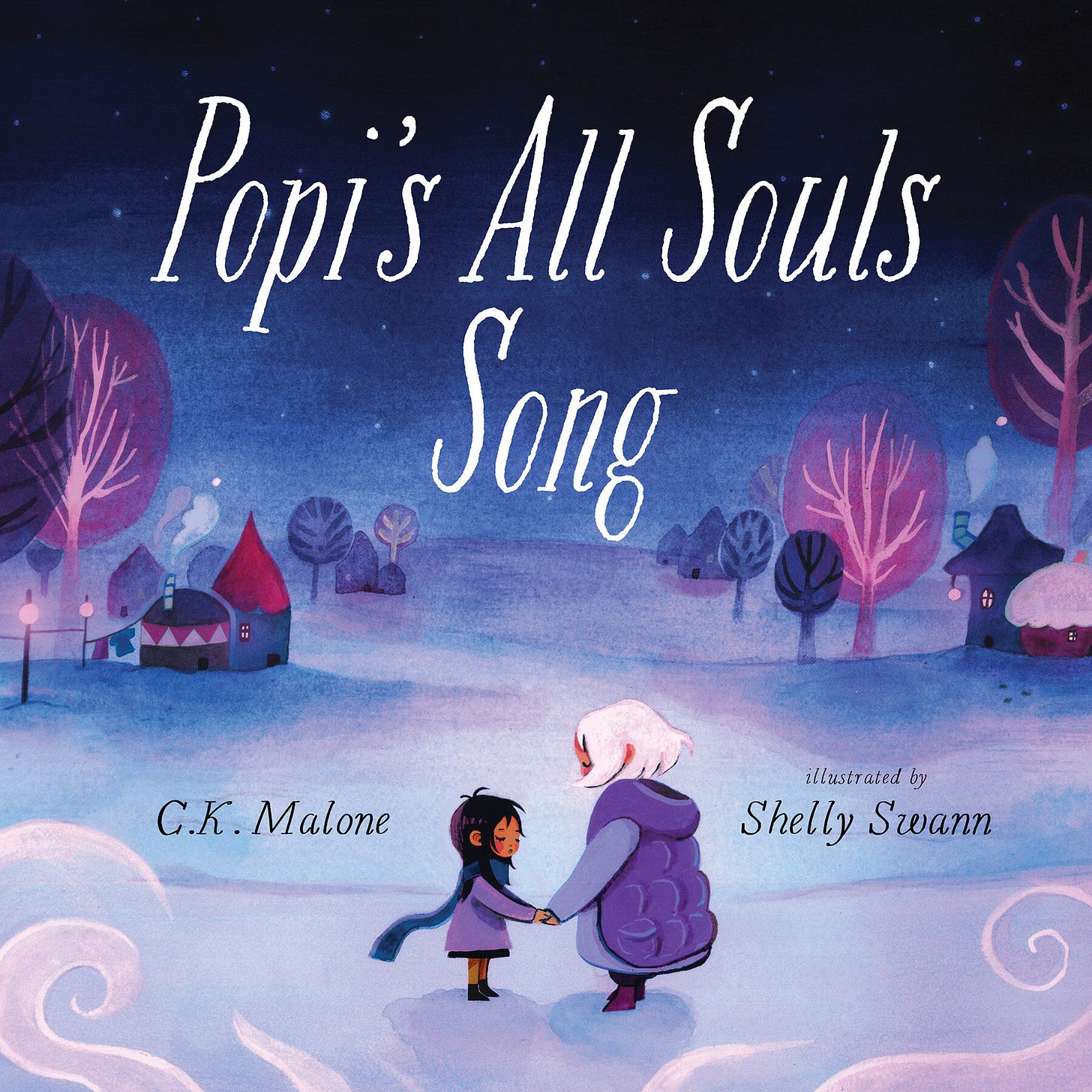 The cover of the book Popi's All Souls Song, which features a winter scene in tones of blue and purple