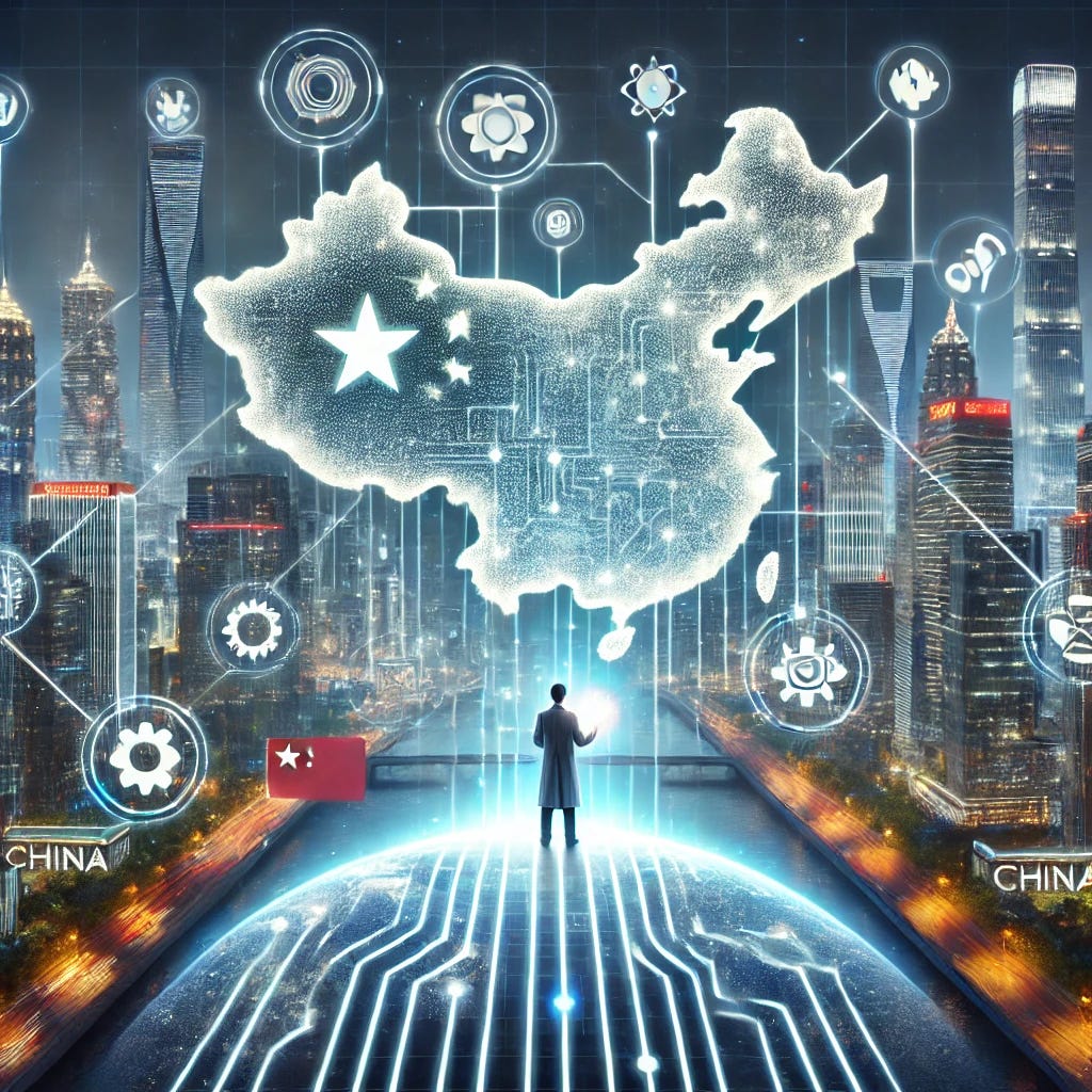 A conceptual representation of China's 'Thousand Talents Plan,' featuring a futuristic Chinese cityscape with towering skyscrapers and digital elements, symbolizing innovation. In the center stands a figure of a scientist or researcher holding a glowing holographic map of China, with flowing lines extending globally, symbolizing the attraction of talent from around the world. The pathways connect to icons representing technology, scientific research, AI, biotechnology, and engineering. The scene is dynamic and emphasizes China's global influence in the scientific and tech domains.