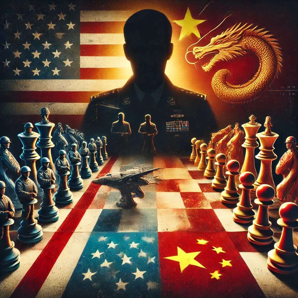 A striking political newsletter cover image featuring a dramatic geopolitical chessboard. The board is divided into two halves, one symbolizing the USA with stars and stripes, the other symbolizing China with a red and yellow dragon motif. Chess pieces shaped like world leaders and military symbols stand in tense positions. In the background, a shadowy figure observes the board, representing strategic masterminds. The overall tone is intense and thought-provoking, enticing the reader to delve into the complex geopolitical discussion.