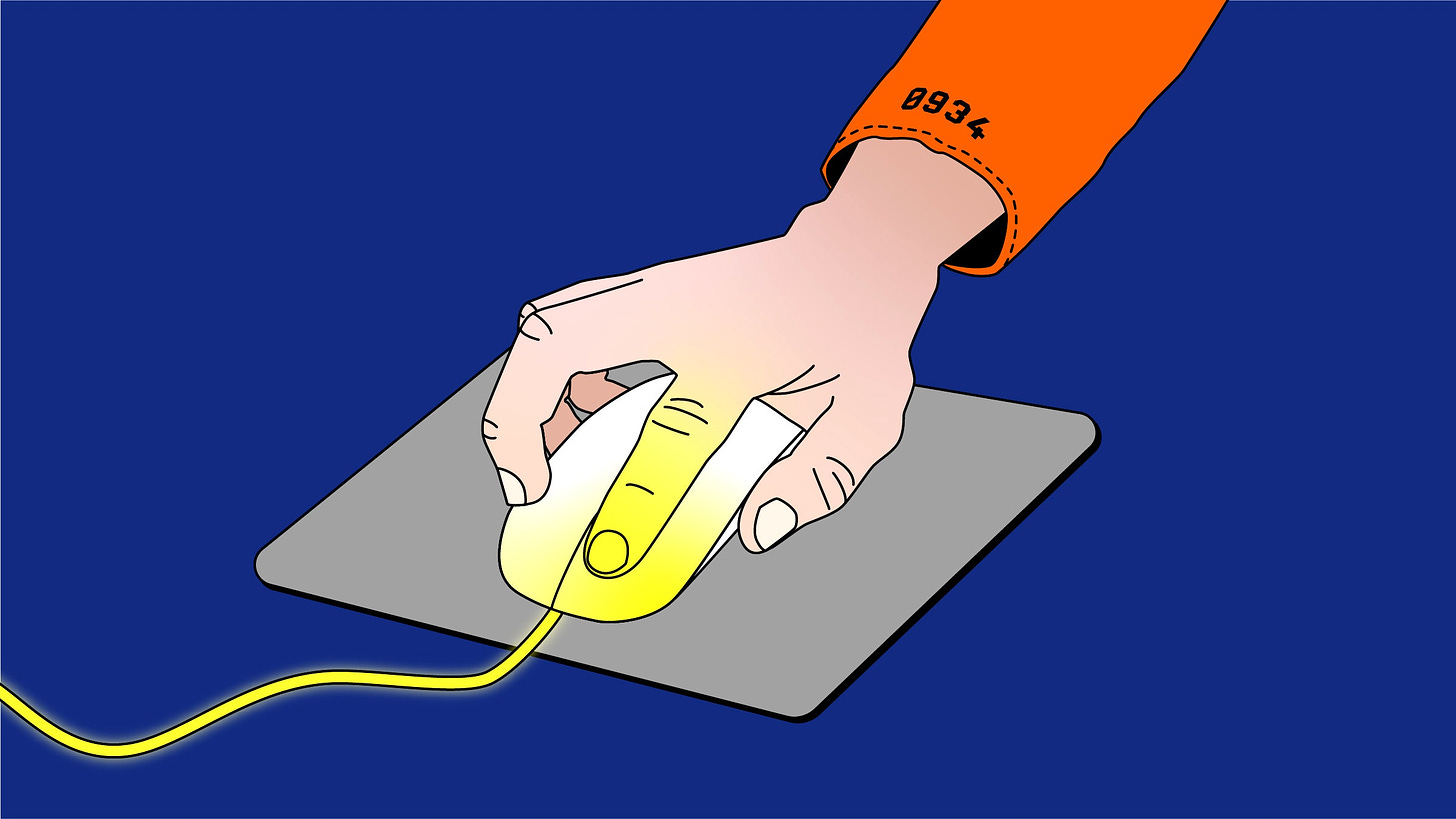 Illustration of a person wearing a prison uniform's hand clicking a mouse