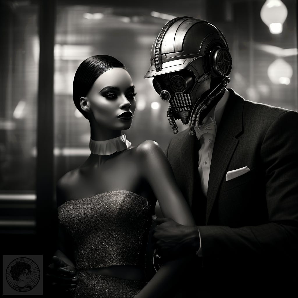 black-and-white photograph of robot and human couple, man is holding woman's arm, in the style of film noir