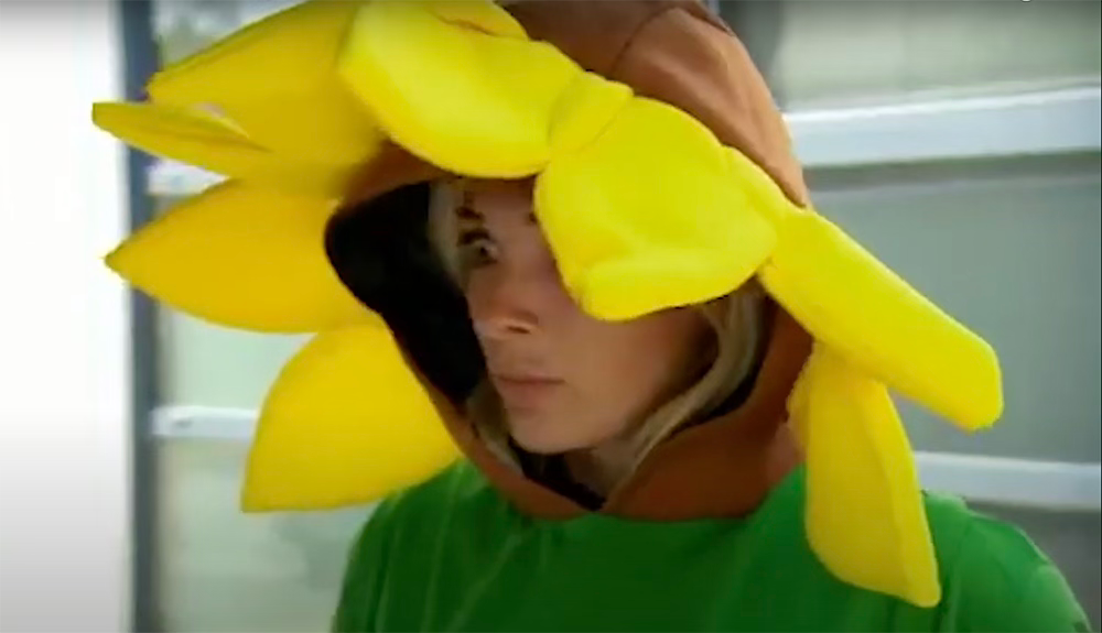 A screenshot from the apprentice, where one of the contestants is dressed as a sunflower and is staring in wide eyed horror at an argument happening in front of her