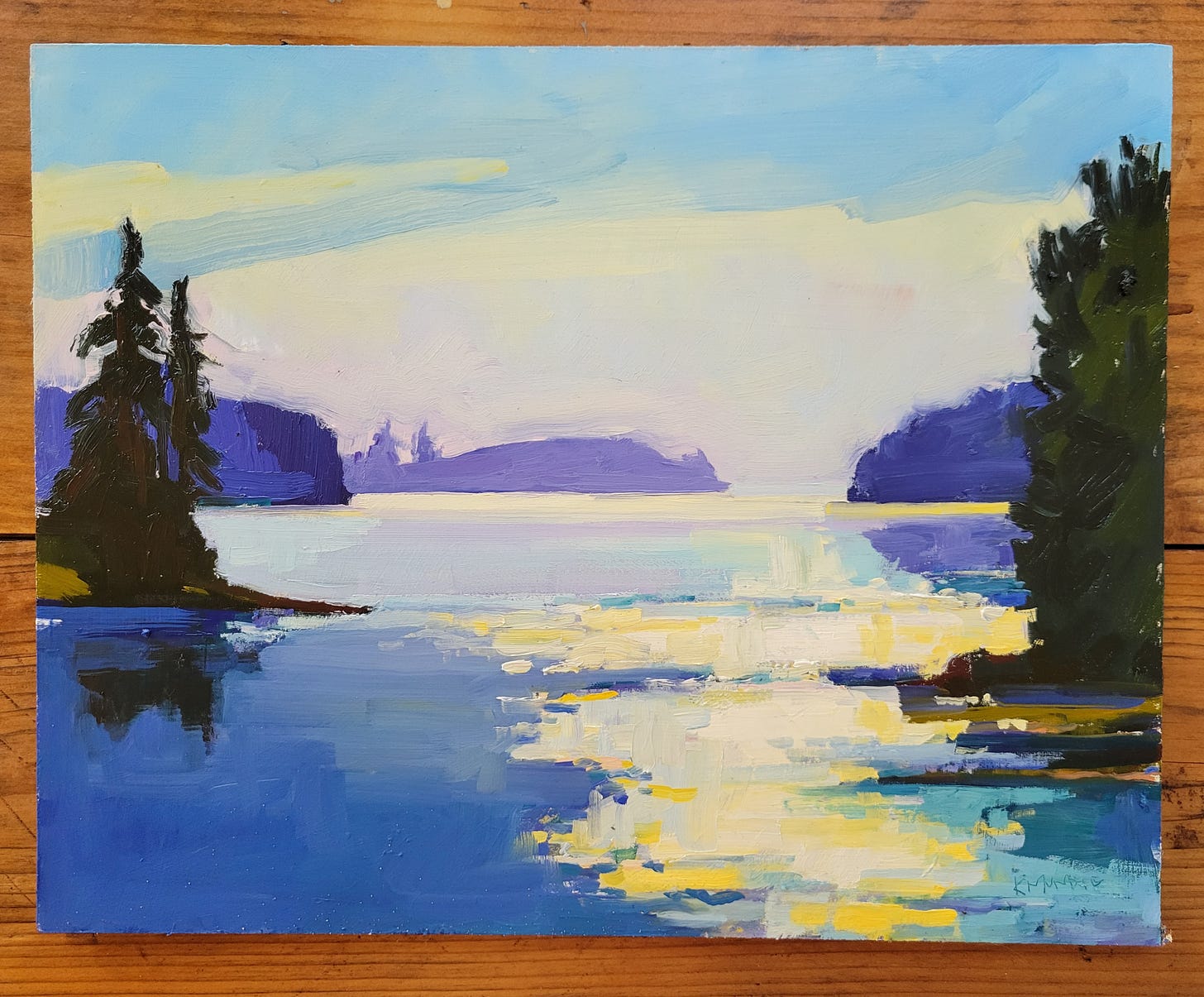 Impressionistic oil painting showing a cove painted in blues purples and yellow