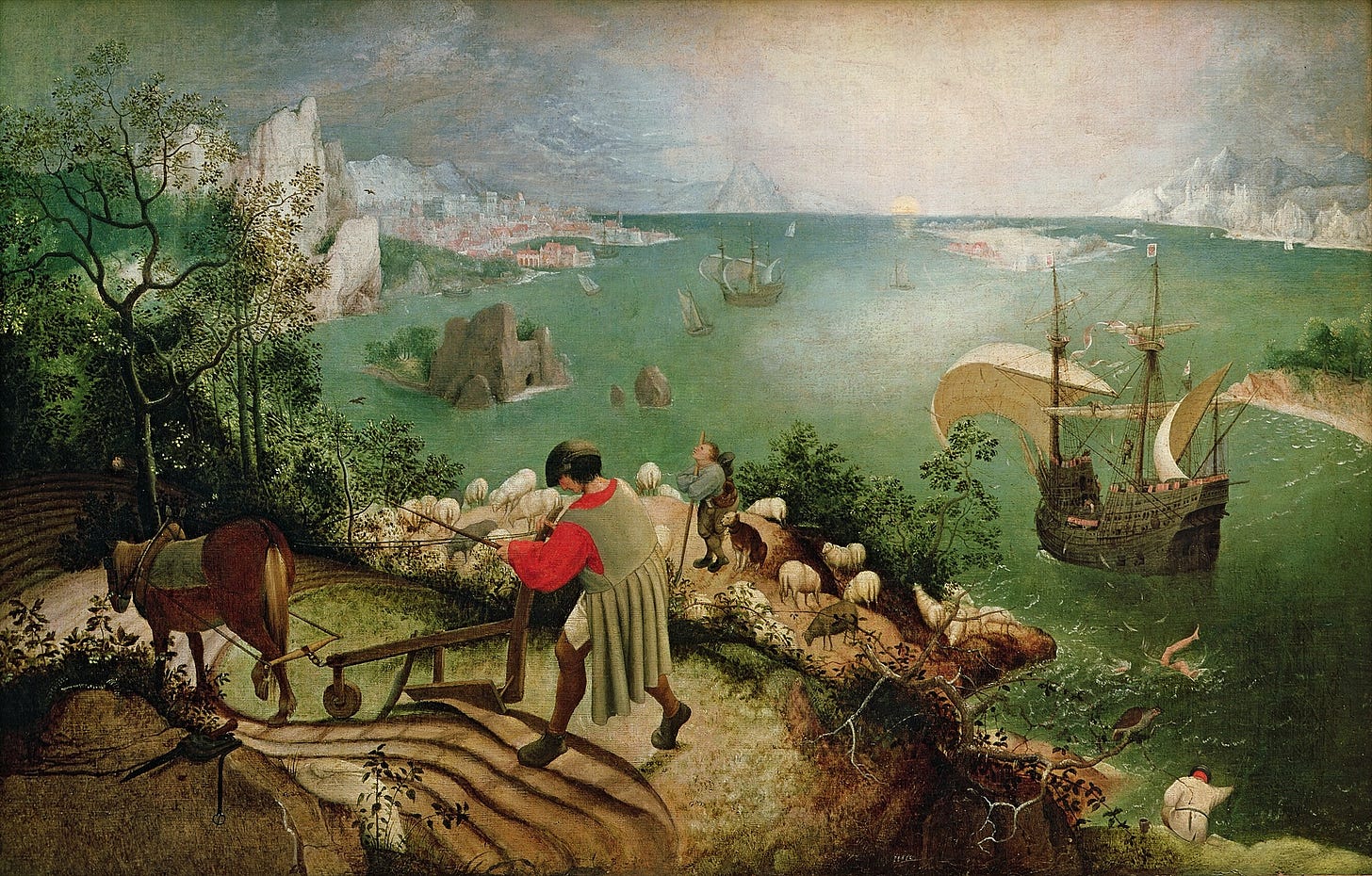 A picturesque painting of a hilltop with people, animals, and boats in the background.