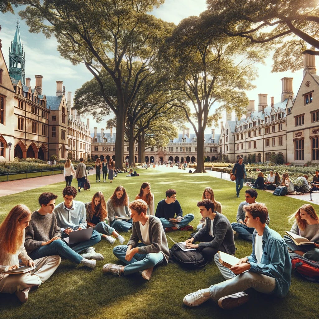 A group of Caucasian students on an Ivy League university campus. The setting features elegant historical buildings and lush green lawns. The students are in smart casual attire, indicative of a collegiate environment. Some are seated on the grass, engaged in discussions or studying with books and laptops. Others are walking along pathways lined with old trees, carrying backpacks. The atmosphere is lively yet scholarly, capturing the essence of an Ivy League academic setting.