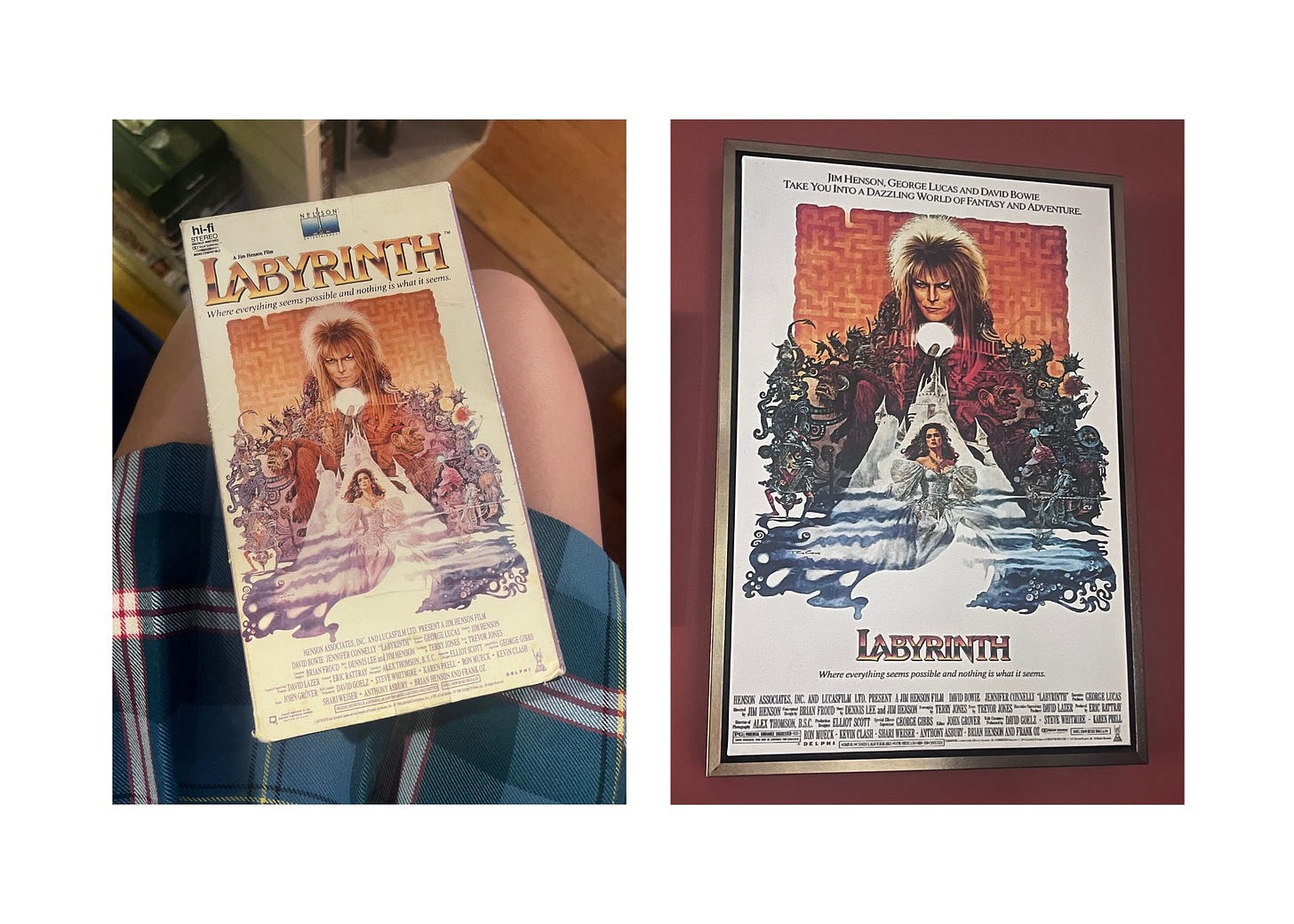 Side by side photos of a Labyrinth VHS tape and movie poster.
