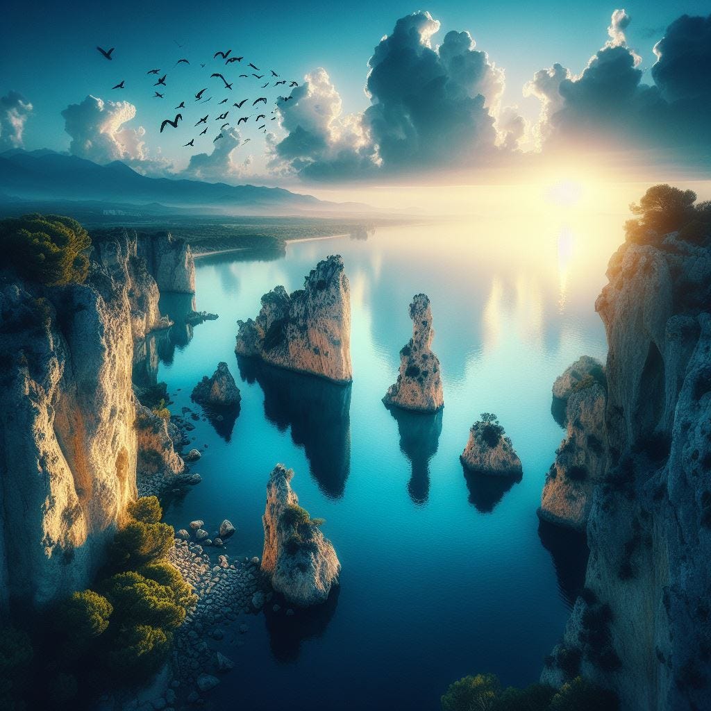 Hyper realistic; tilt shift aerial view rock formation in the water. in foreground. birds in distance. foreshortening of tree..deep blue river reflecting and soft feathery clouds. vast distance. sunset Ethereal. Luminescent 
