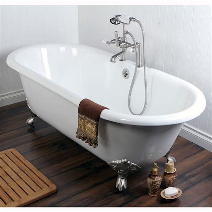 Photo of a bright shiny new old-fashion claw-foot bathtub. It sits on a shiny wooden flloor; the walls of the room are white tile.