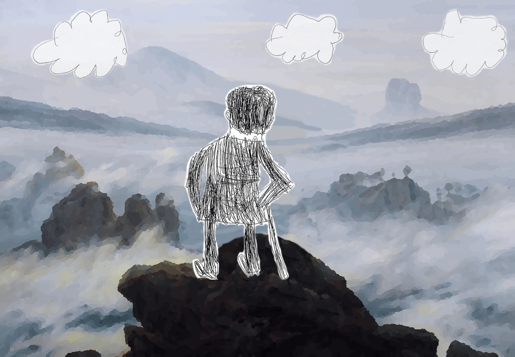 “Le Voyageur contemplant une mer de nuage” (re)vu par Saul (8 ans).