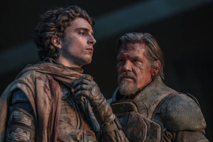 Timothée Chalamet and Mark Hamill in character, with intense expressions, in a dramatic scene