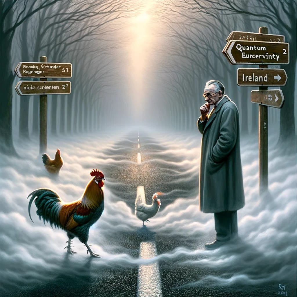 A realistic and mysterious style illustration featuring Erwin Schrödinger standing beside a shadowy, fog-covered road that splits into indistinct paths. In the misty foreground, a rooster is depicted crossing the road accompanied by two chickens, all appearing ethereal and slightly translucent, symbolizing quantum uncertainty. The atmosphere is filled with soft mist, and faint signs suggest directions to mystical places like Ireland. Schrödinger, in a thoughtful pose with a magnifying glass, examines this eerie scene. The color palette includes muted grays and blues to enhance the mysterious and enigmatic ambiance.