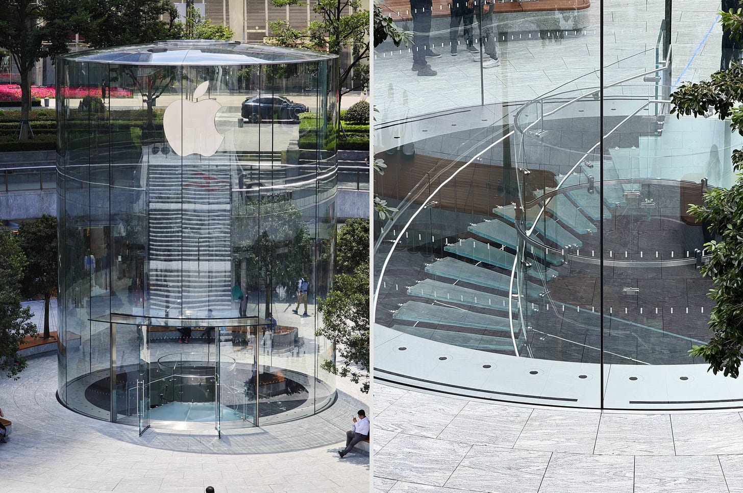 A Split View showing the new glass drum entrance to Apple Pudong and a closeup that details the seam where the glass panels meet the plaza and each other.