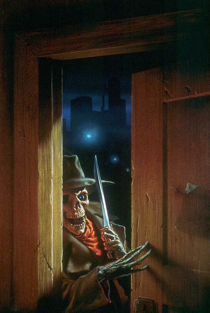 A skeletal intruder brandishes a long knife with curving blade as it props open a door to peer inside. Its hand appears desiccated—decomposing flesh not bone—as it extends slender fingers against the well-worn wood to widen the gap. A bright red handkerchief is tucked into the neckline of its brown overcoat, concealing chest and throat. A wide brimmed hat completes its disguise. Perhaps from behind it could pass as human, but leering through the door its murderous intent is clear. Blue light gleams from a dark sphere set in one bony socket, and it's jaw hangs open in a grim toothy smile. The view out reveals tall buildings beyond—somewhere urban—and the cool glow of streetlights reduced to hazy saucers runs in a diagonal along a dark street unseen.